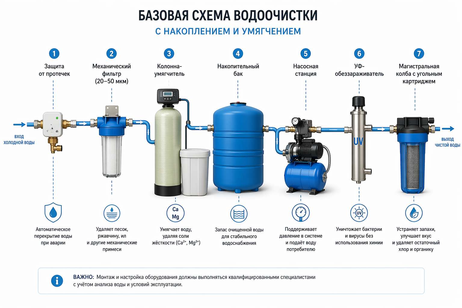 схема монтажа оборудования с хранением и умягчением